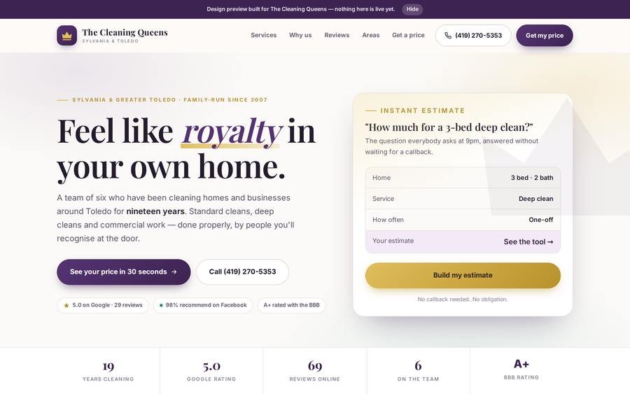 The Cleaning Queens preview homepage: a purple and gold layout headlined Feel like royalty in your own home, beside an instant estimate card.