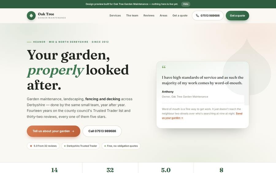 A finished Pabloch Tech draft shown in a desktop browser: the Oak Tree Garden Maintenance homepage, headlined Your garden, properly looked after.